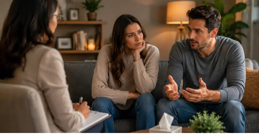 A couple attending a marriage counseling session with a professional therapist to improve communication and relationship health