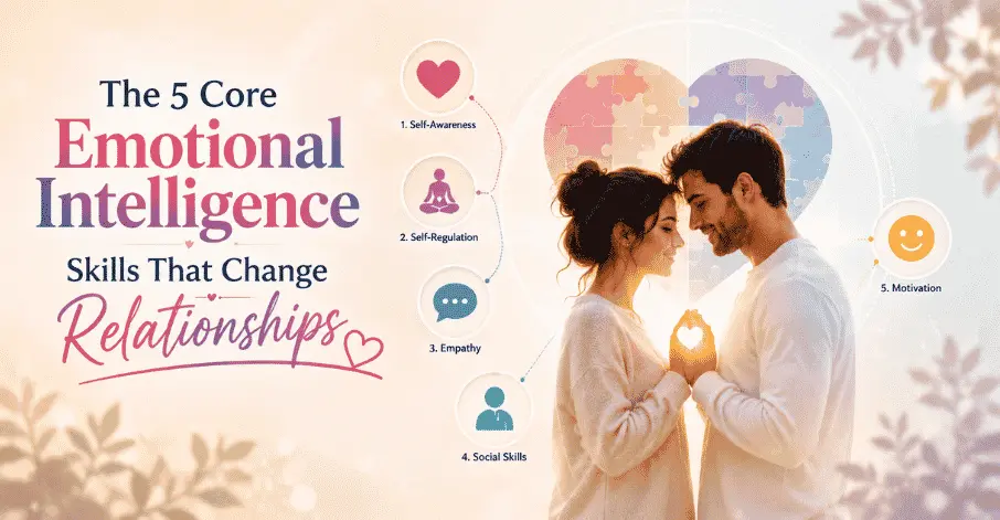 Illustration showing the five core emotional intelligence skills that improve relationships.